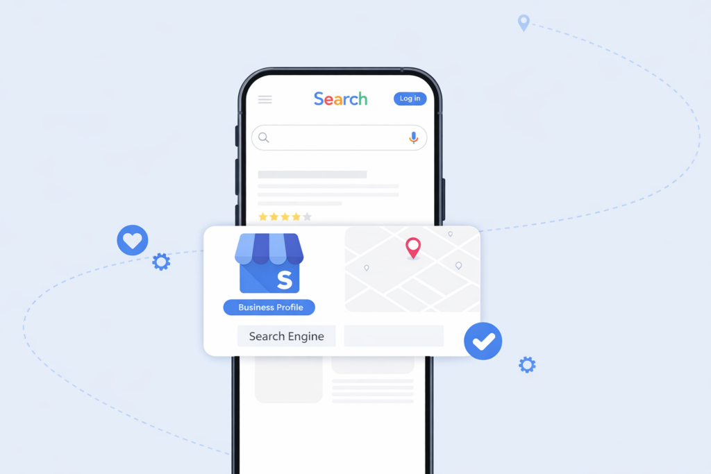Smartphone met Google Business profiel op het scherm. Voorbeeld van hoe je bovenaan in Google komt zonder advertenties.