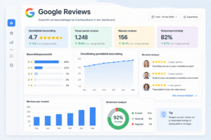 Illustratie van een Google reviews dashboard met beoordelingen, grafieken en responspercentage voor lokale SEO.